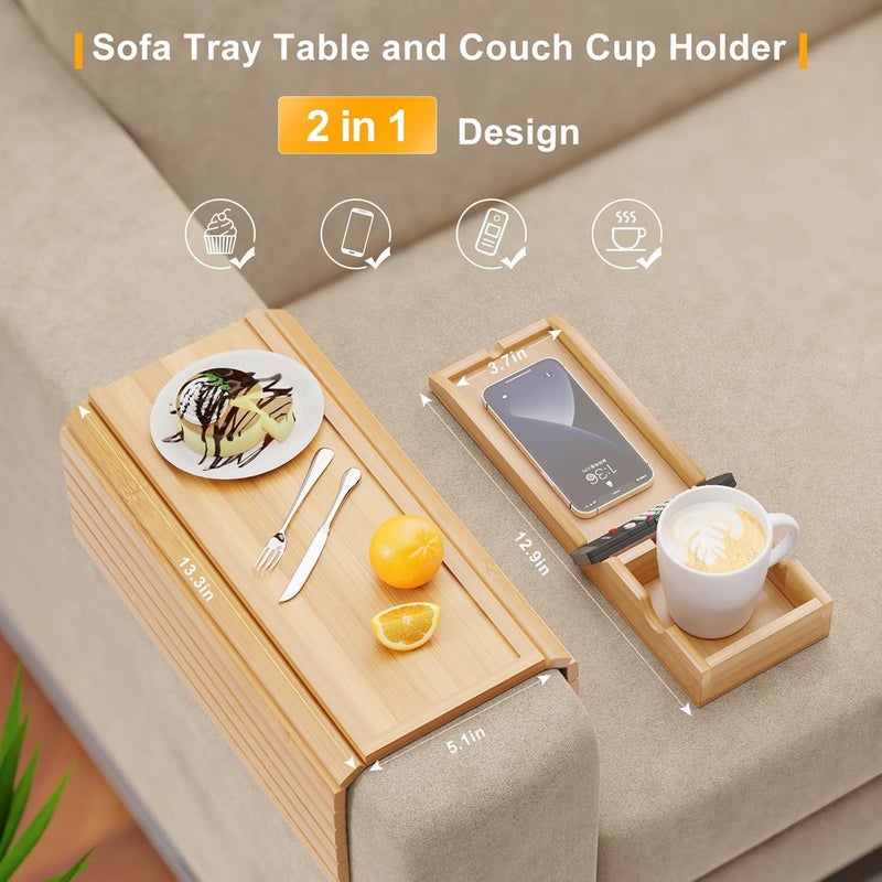 Bestjing Bamboo Sofa Armrest Tray - Couch Arm Tray with Detachable Couch Cup Holder - 2 in 1 Anti-Slip Foldable Sofa Armchair Caddy Table for Drinks Cellphone TV Remote Snacks - Image 3
